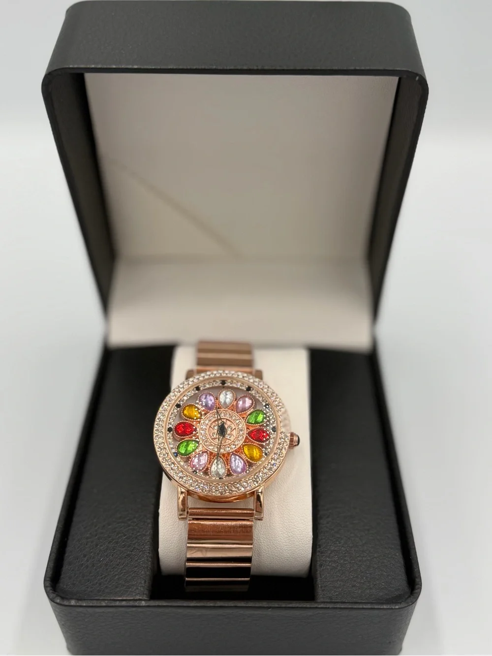 Rose Gold Women's Crystal Flower Dial Bracelet Watch - Multicolor Stones